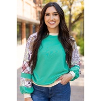Aruba Blue Plaid Vintage Paisley Patchwork Long Sleeve Raglan Top - L thumbnail