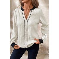 White Textured Colorblock V Neck Elegant Blouse - L thumbnail