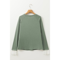 Grass Green Seam Detail Lace Contrast Cuffs Raglan Sleeve Top - L thumbnail