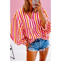 Orange Stripe Balloon Sleeve Notched V Neck Buttoned Front Blouse - L thumbnail