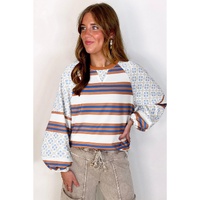 White Striped Floral Printed Patchwork Lantern Sleeve Blouse - L thumbnail