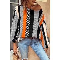 Orange Polka Dot Vertical Striped Printed Puff Sleeve Blouse - L thumbnail