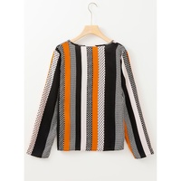 Orange Geo Print Colorblock Notched V Neck Blouse - L thumbnail
