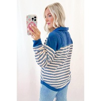 Blue Stripe Buttoned V Neck Collared Drop Shoulder Top - 2XL thumbnail