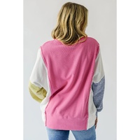 Sachet Pink Exposed Seam Striped Color Block Patchwork Long Sleeve Top - M thumbnail