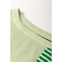 Mint Green Striped Patchwork Textured Colorblock 3/4 Sleeve Knit Top - L thumbnail