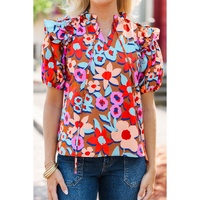 Brown Flower Print Self Tie Frilled Collar Puff Sleeve Blouse - L thumbnail