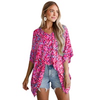 Pink Abstract Print V Neck Half Sleeve Loose Fit Tunic Blouse - L thumbnail