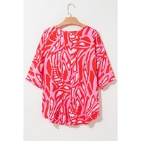 Red Abstract Print V Neck Batwing Sleeve Oversized Blouse - L thumbnail