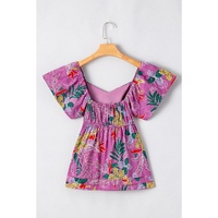 Purple Floral Print Sweetheart Neck Flutter Sleeve Blouse - L thumbnail