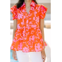 Orange Floral Print Collared Button Neckline Flutter Sleeve Blouse - L thumbnail