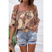 Apricot Paisley Printed Shirred Off Shoulder Ruffled Draped Sleeve Blouse - L thumbnail
