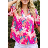 Rose Tropical Plant Printed V Neck Puff Sleeve Blouse - L thumbnail