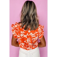 Orange Floral Ruffle Sleeve Print Top - L thumbnail