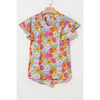 Yellow Floral Print Shirred Tiered Ruffled Sleeve Blouse - L thumbnail