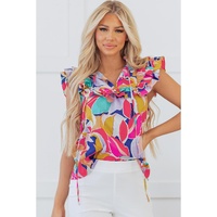 Pink Abstract Printed Ruffled Flutter Sleeve Tied Split V Neck Blouse - L thumbnail