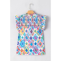 Light Blue Geometric Printed Flutter Sleeve Mock Neck Shirred Blouse - L thumbnail