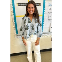 Beau Blue Striped Floral Printed Long Sleeve Tied V Neck Blouse - XL thumbnail