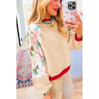 Beige Bowknot Printed Patchwork Raglan Sleeve Colorblock Edge Top - S thumbnail