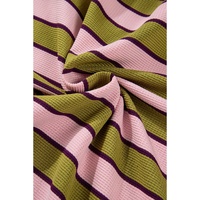 Spinach Green Clashing Stripes Waffle Texture Notched Neck Long Sleeve Top - L thumbnail