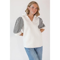 Azura Exchange White Geometric Textured Short Sleeve Frilly V Neck Blouse - L thumbnail