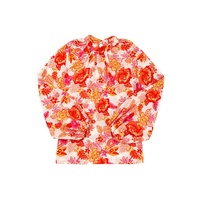 Orange Floral Print Pearl Button Keyhole Long Puff Sleeve Blouse - L thumbnail