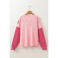 Pink Floral Patch Color Block Striped Sleeve Textured Top - L thumbnail