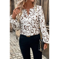 Khaki Leopard Print Split Neck Balloon Sleeve Blouse - L thumbnail
