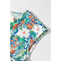 Green Floral Print Bow Applique Slit Sleeveless Peplum Blouse - XL thumbnail