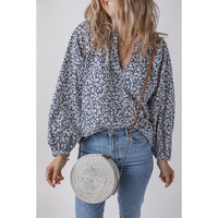 Blue Floral Print Notched V Neck Puff Sleeve Blouse - L thumbnail