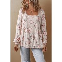 Pink Floral Print Pleated U Neck Loose Fit Blouse - L thumbnail