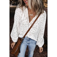 White Eyelet Embroidered Puff Sleeve V Neck Blouse - L thumbnail