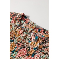 Yellow Floral Print Smocked Bubble Sleeve Ruffled Crop Top - L thumbnail