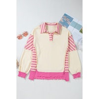 Pink Stripe Colorblock Patchwork Collared French Terry Knit Top - L thumbnail