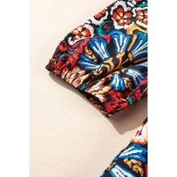 Black Tropical Print Bubble Sleeve Knot Front Blouse - L thumbnail