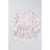 Pink Floral Print Shirred Balloon Sleeve Keyhole Back Babydoll Blouse - L thumbnail