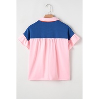 Gossamer Pink Color Block Half Buttoned Ruffled Short Sleeve T Shirt - L thumbnail