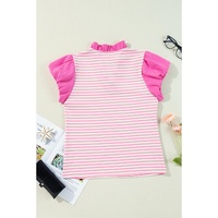 Pink Stripe Ruffled V Neck Cap Puff Sleeve Top - L thumbnail