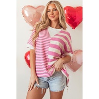 Pink Stripe Patchwork Textured Short Sleeve High Low Loose Top - L thumbnail