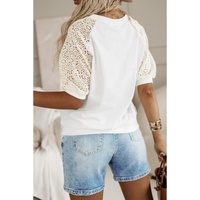 White Lace Crochet Short Sleeve Round Neck T Shirt - S thumbnail