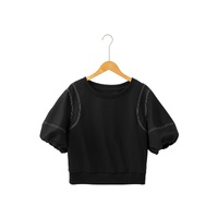 Black Contrast Stitches Detail Puffy Half Sleeve Blouse - L thumbnail