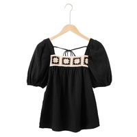 Black Flower Crochet Square Neck Textured Short Sleeve Blouse - M thumbnail