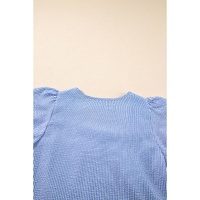 Sky Blue Stripe Textured Ruffle Short Sleeve Boho Detail Square Neck Blouse - L thumbnail