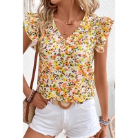 Green Floral Print Ruffled Sleeveless V Neck Tank Top - L thumbnail