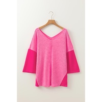 Sachet Pink Contrast Patchwork 3/4 Sleeve V Neck Loose Blouse - L thumbnail