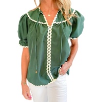 Mist Green Ric Rac Trim Tie Split Neck Short Sleeve Blouse - L thumbnail