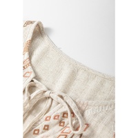 Jet Stream Geometric Embroidered Short Sleeve Tassel Tied V Neck Blouse - L thumbnail