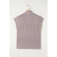 Chestnut Striped Stand V Neck Short Sleeve Blouse - L thumbnail