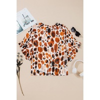 Brown Metallic Threading Accents Pleated Abstract Printed Ruffled 3/4 Sleeve Blouse - L thumbnail