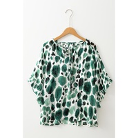 Green Metallic Threading Accents Pleated Abstract Printed Ruffled 3/4 Sleeve Blouse - S thumbnail